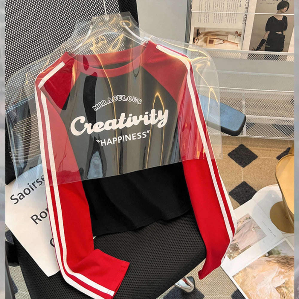 HLJ&GG Retro American Letter Printing Two Piece Sets Women Round Neck Long Sleeve Top And Mesh See Though Pants Outfits 2025 New