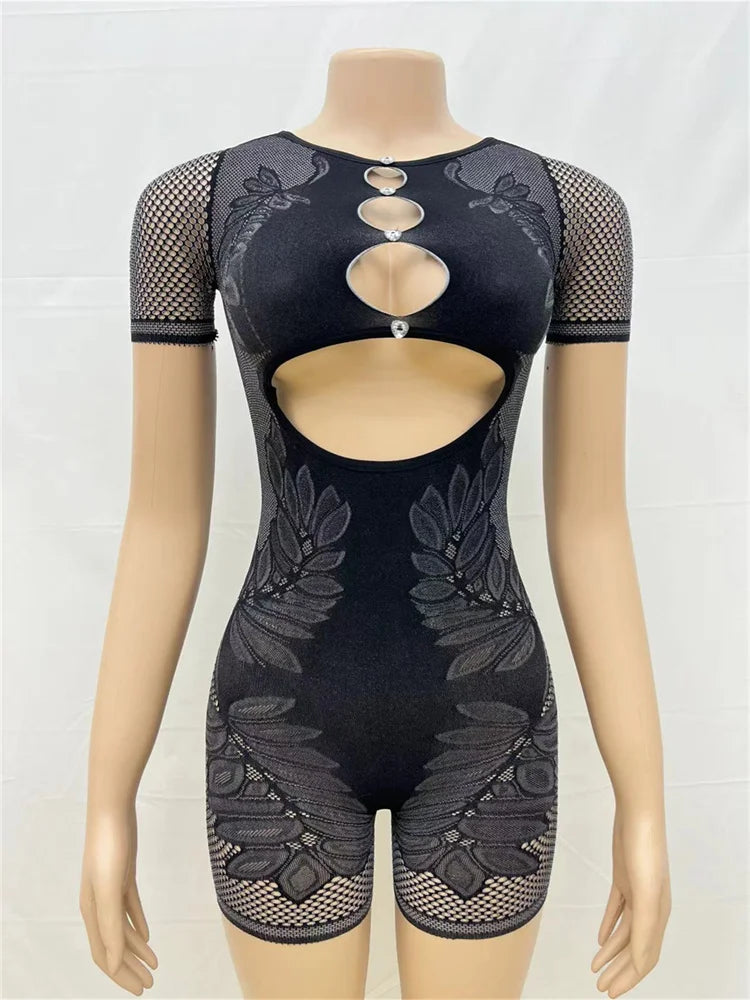 Weird Puss Hollow Diamond Playsuits Woman Summer Sexy Short Sleeve O-Neck Sport Knit Casual Comfortable Streetwear Skinny Romper