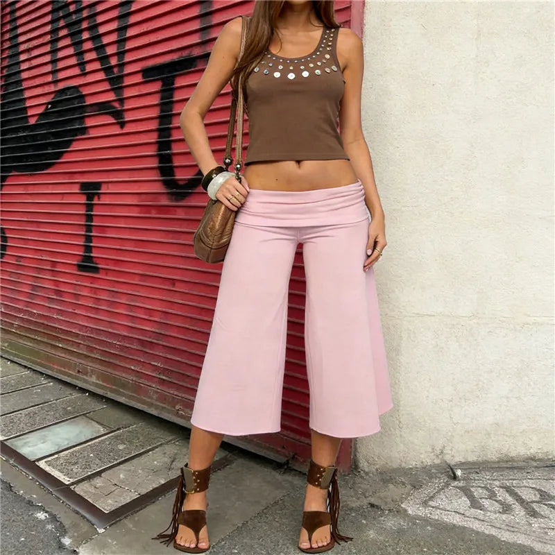 Y2K Women's Low Waist Wide Leg Capri Pants Fold Over Waist Flare Cropped Pants Casual Solid Color Summer Streetwear Trousers