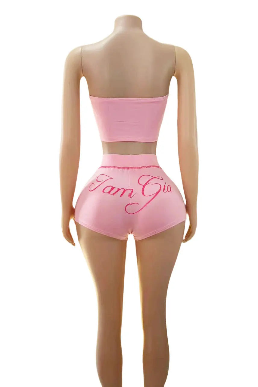 HLJ&GG Y2K Sexy Letter Print Two Piece Sets Women Off Shoulder Backless Slim Crop Top And Shorts Outfits Fashion 2pcs Streetwear