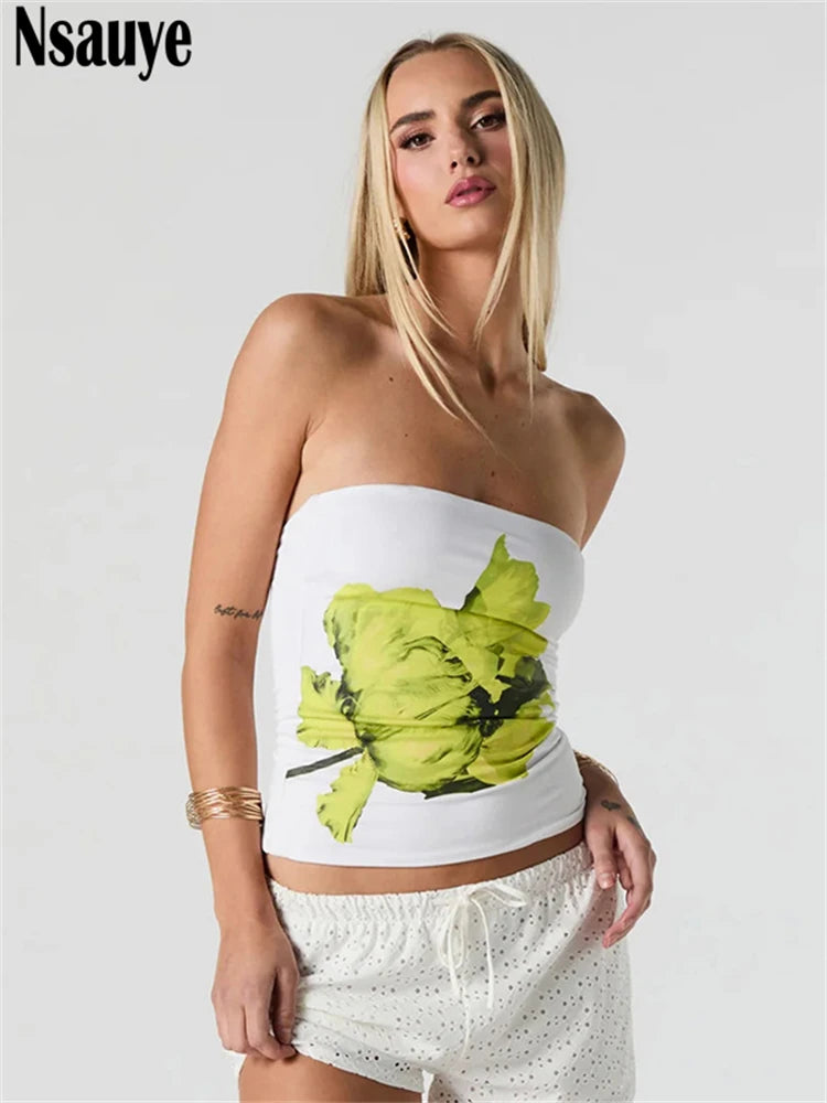 Nsauye 2025 Fashion Women Summer Y2K Clothes Skinny Floral Print Mini Tube Tank Tops Sleeveless Sexy Club High Street Crop Tops