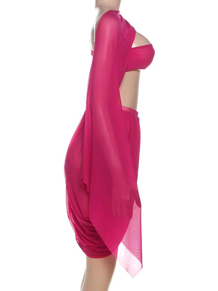 Weird Puss Y2K Sexy 2 Piece Set Women See Through Midnight Irregular Full Sleeve Crop Tops+Ruched Split Skirts Matching Clubwear