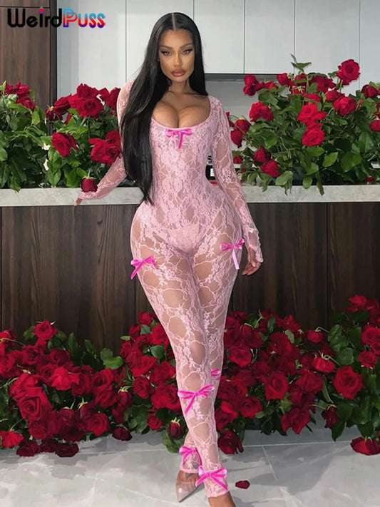 Weird Puss See Through Jumpsuit Sexy Women Summer Fashion Coquette Low-Neck Midnight Clubwear Skinny Elastic Workout Overalls
