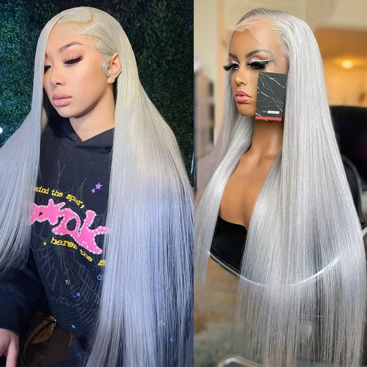 30Inch Straight Lace Front Wig Human Hair Light Grey 13x6HD Lace Front Wig Human Hair Pre Plucked 13x4 Lace Front Wig Human Hair