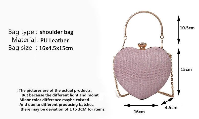 Evening Clutch Bag For Women Shiny Heart Shape Metal Clutch Chain Shoulder Purse