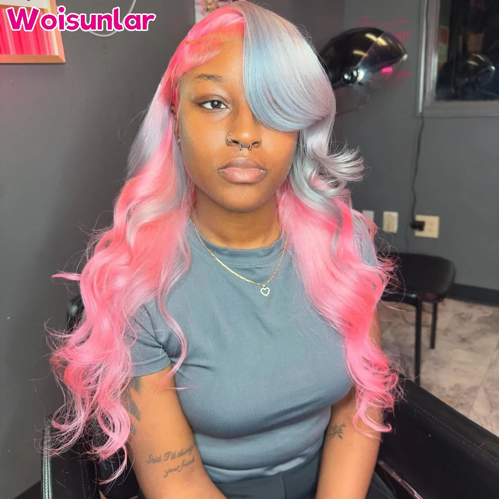 34 inches Ombre Pink and grey Front Lace wigs human hair 13x6 13x4 Transparent Lace body wave 200% For Women Human Hair Wig 100%