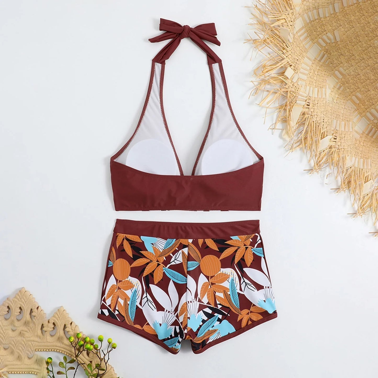 Shorts Bikinis Set  High Waist Swimsuit Women Swimwear  Plant Print Bathers Bathing Swim Suit Beachwear
