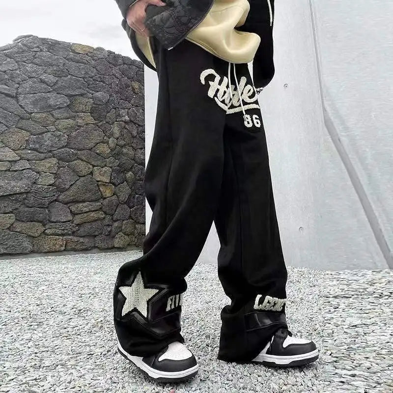 Summer New Casual Pants Men Retro Fashion Straight Pants Men Streetwear Drawstring Letter Hip-hop Trend Loose Balck Trousers