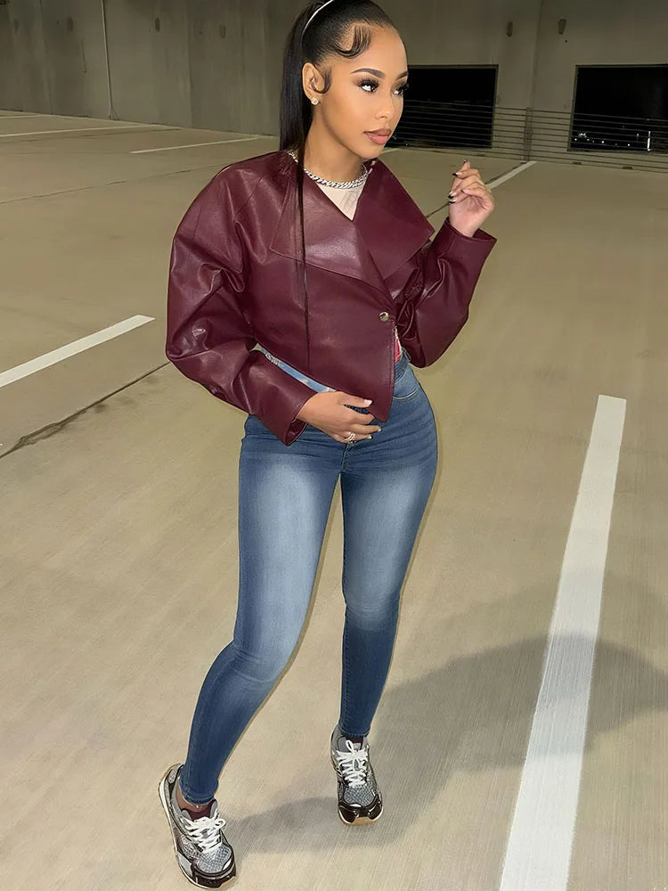 Faux Leather Irregular Crop Jacket — Women's Streetwear Coat
