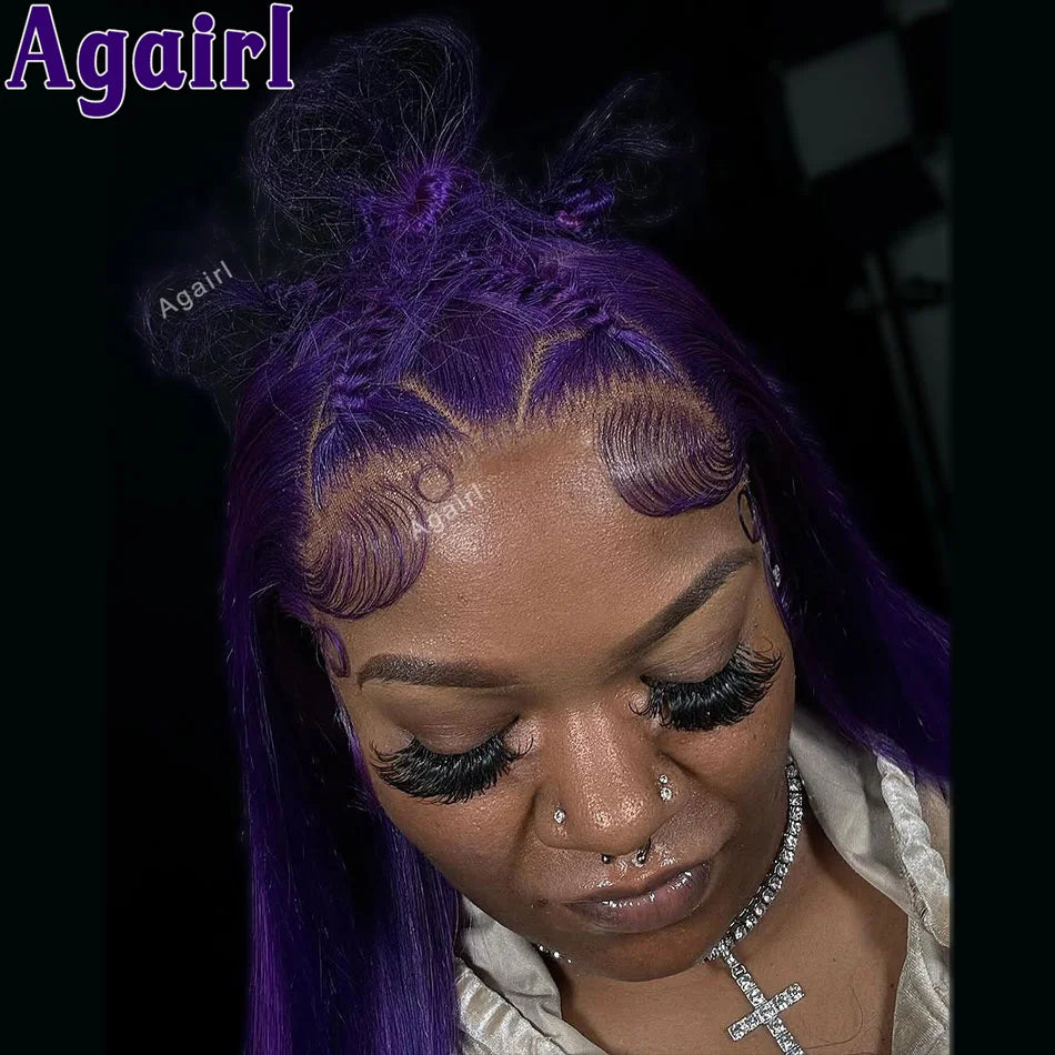 32" Dark Purple Straight Lace Frontal Wig 13x6 13x4 Lace Front Human Hair Wigs For Women Brazilian Remy Pre Plucked 6X4 Lace Wig
