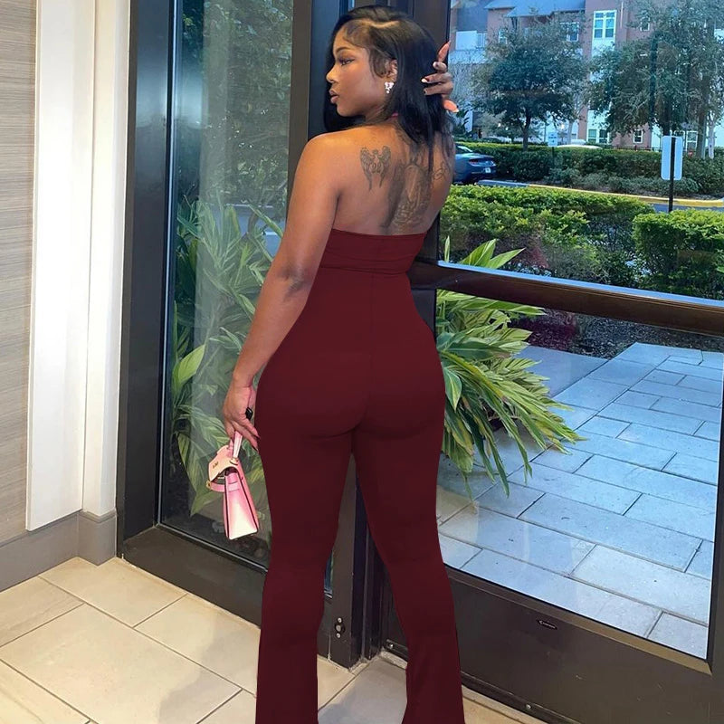 Hugcitar 2025 Spring Halter Solid Sleeveless Backless Sexy Bodycon Flare Pants Jumpsuit Women Casual Rompers Streetwear Festival