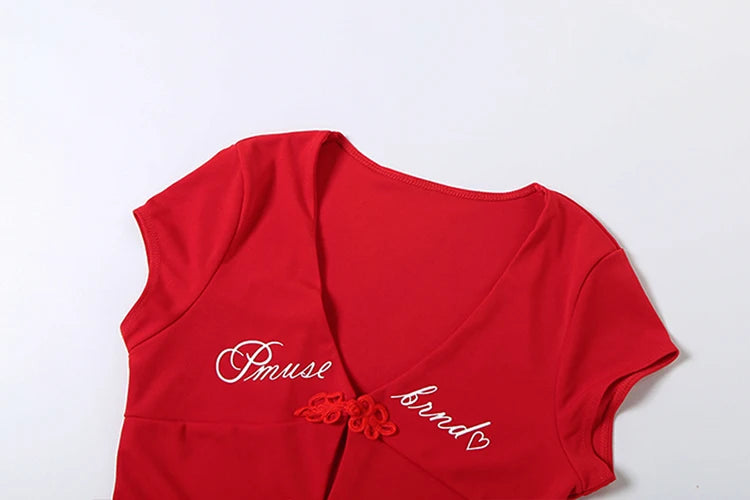 Weird Puss Sexy Letter Print T-Shirt Women Hollow Cheongsam Button V Neck Midnight Hottie Versatile Street Skinny Crop Tops