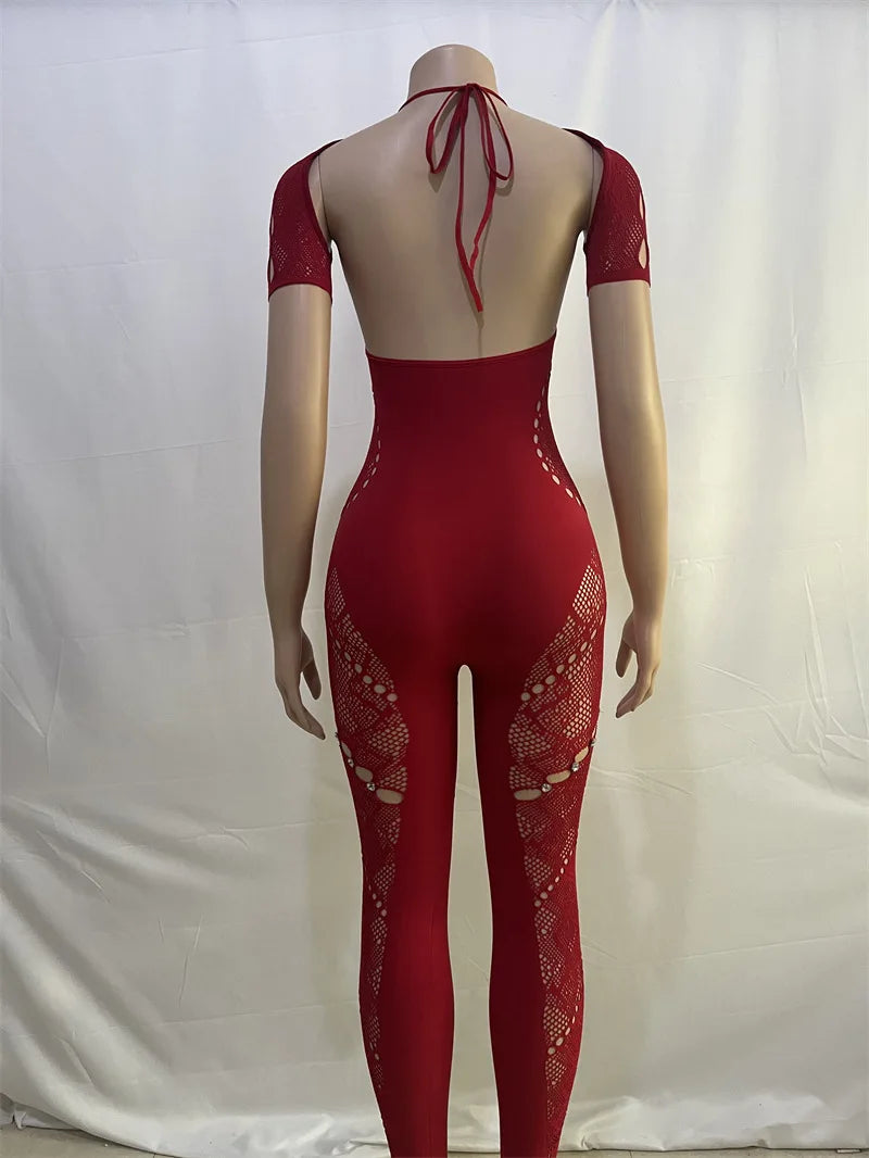 Weird Puss Rhinestone Embellished Women Jumpsuit Backless Halter Hollow Sheer Sexy Slim One Pieces Bodycon Hottie Party Clubwear