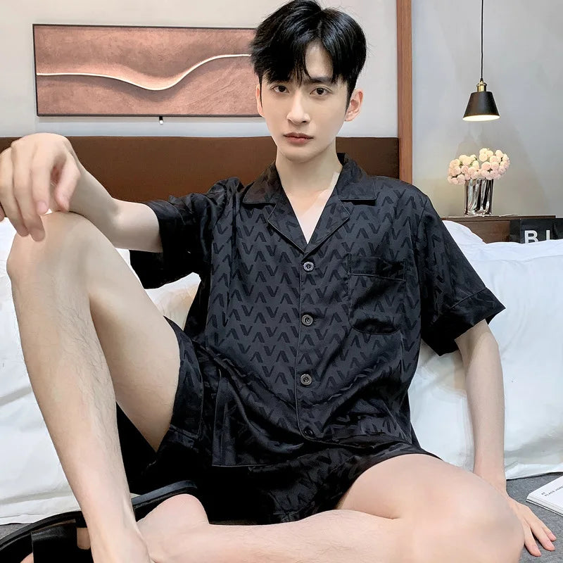 High Quality Jacquard Pajamas Suit Men Summer Ice Silk Shorts Sleepwear Set Thin Satin Large-size Loungewear Male Night Clothing