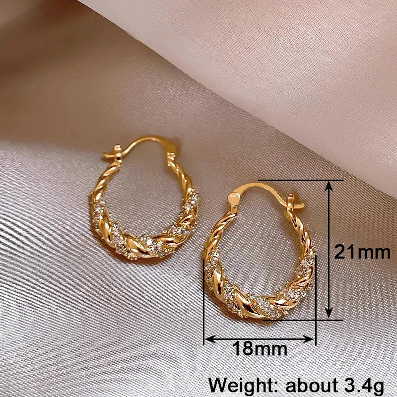 Huitan Aesthetic Women Twist Design Hoop Earrings for Wedding Engagement Luxury Gold Color Inlaid Bright CZ Accessories Jewelry