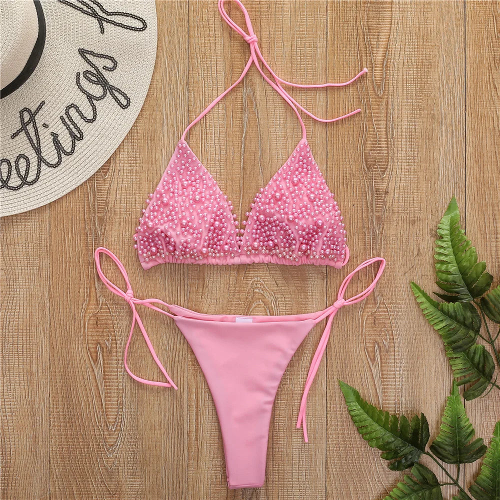 Pearl Bikini String Thong Swimsuit Kawaii Y2K Swimwear Trend Women Two Piece Bathing Suit Beachwear Bikinis Set Vacation Outfits