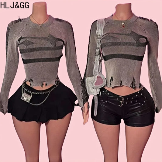 HLJ&GG American Vintage Style Women Knitting Print Long Sleeve Slim Top And Mini Pleated Skirts Outfits Fashion Y2K 2pcs Clothes