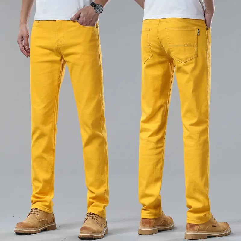 White Yellow Pink fashion 5 Color Men's Cotton Casual Pants Jeans Slim Straight Solid Color Business Trousers Four Seasons Brand