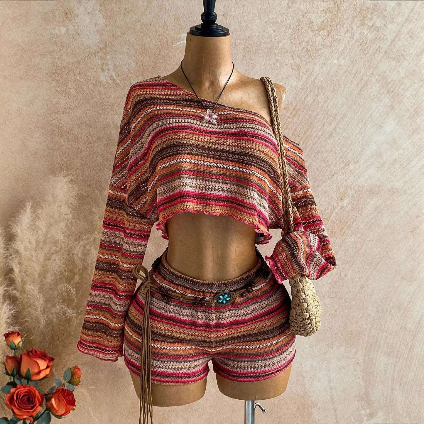Two Piece Set Women Outfit 2026 Spring Summer New Slanted Collar Long Sleeve Crop Top & High Waist Casual Vacation Shorts Set