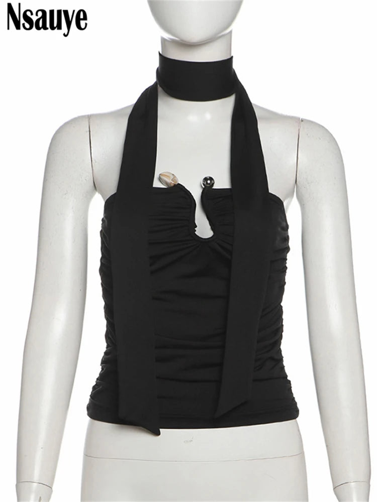 Nsauye Summer Women Casual Mini Skinny Black Y2K Fashion Ribbon Halter Crop Tops Sleeveless Sexy Club Strapless Tank Tops 2025