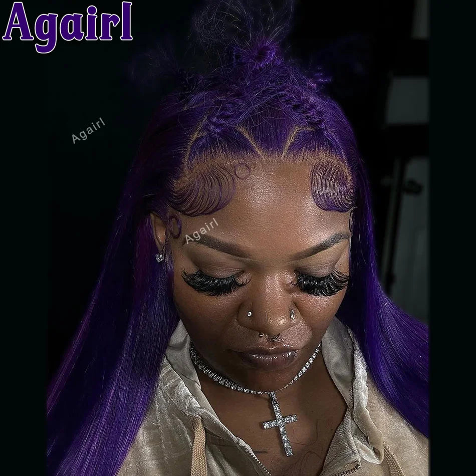 32" Dark Purple Straight Lace Frontal Wig 13x6 13x4 Lace Front Human Hair Wigs For Women Brazilian Remy Pre Plucked 6X4 Lace Wig