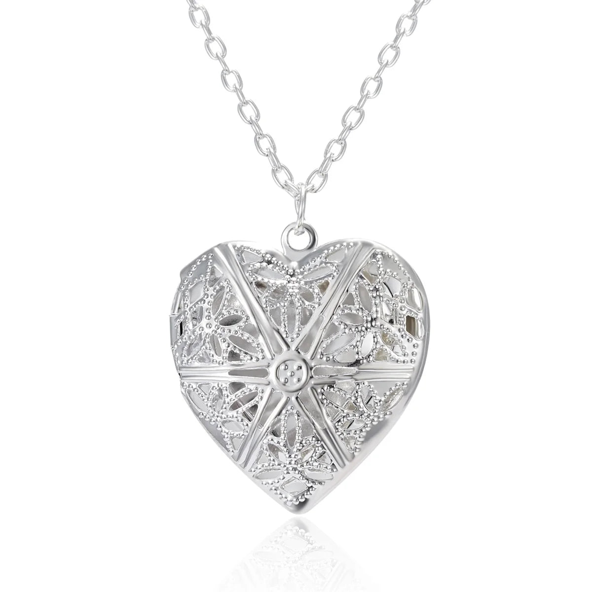 Silver Color Love Heart Photo Frame Pendant Necklace For Women I Love You Flower Pattern Heart Openable Locket Necklace Jewelry