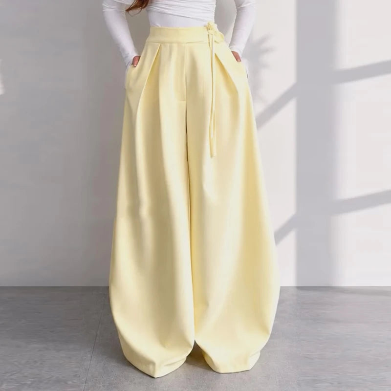 Fashion Solid Two-Piece Set Women V-Neck Ruffle Hem Waist-cinching Coats Bow Lace Up Wide Leg Pants 2026 Autumn New Lady Outfit