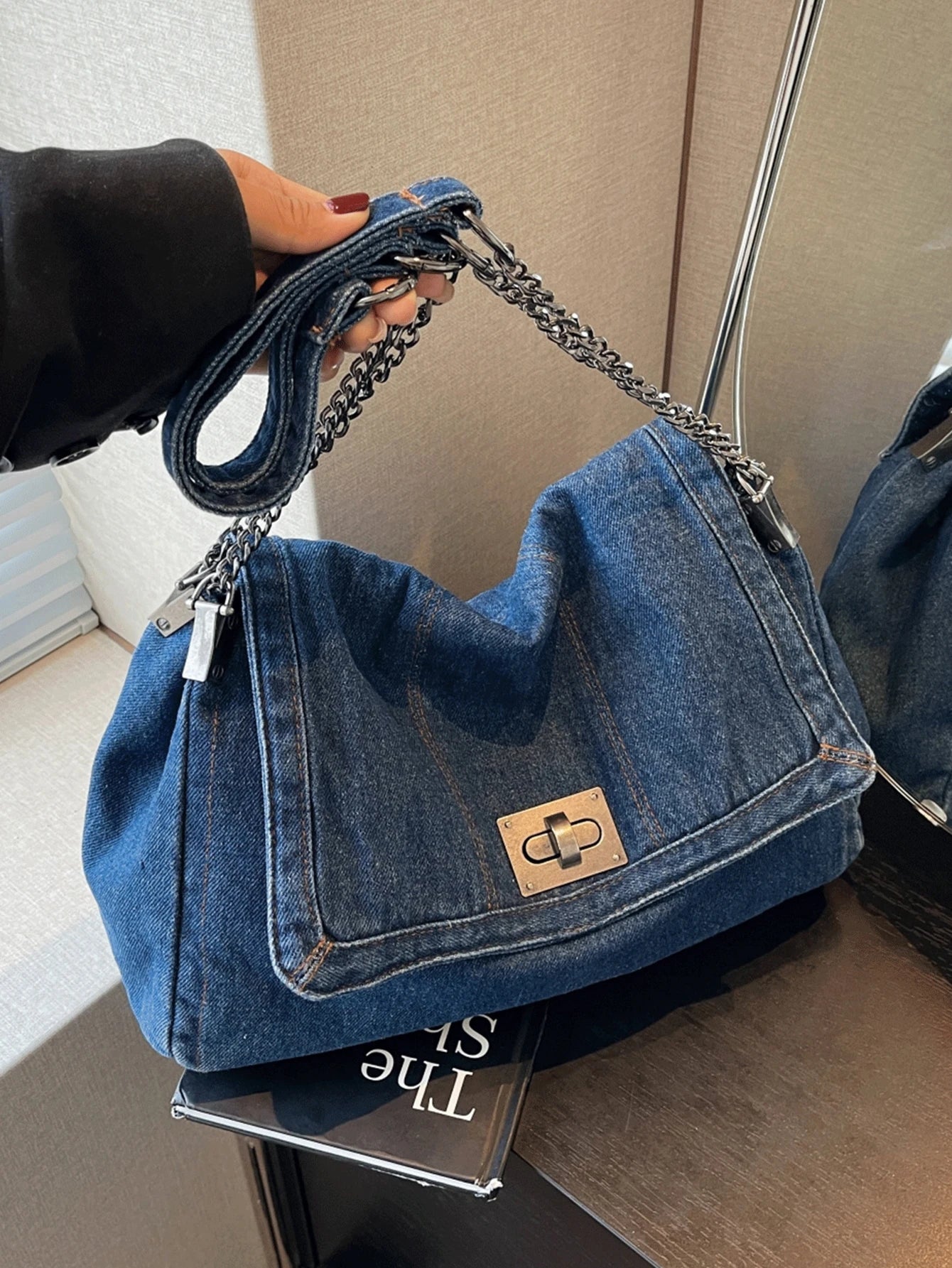 Jeans Tote Bag with Metal Buckle and Chain Strap Deep Blue Light Blue Black Vintage Stitching Design for Women Non-Adjustable Sl