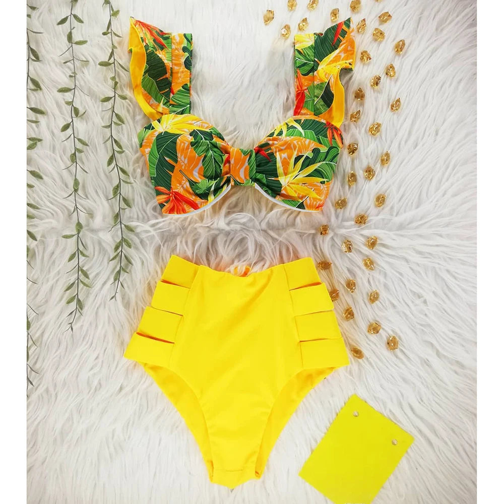 2026 High Waist Bandage Bikini Set For Women Floral Printed Ruffle Bikinis Push Up Strappy Brazilian Biquini Swimwear Swimsuit