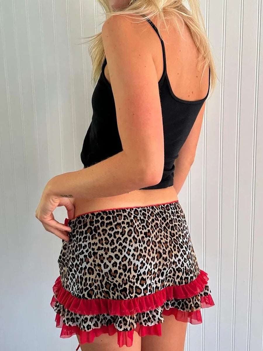 Y2K Fairycore Skirt Leopard Drawstring Harajuku Streetwear Gothic Retro Mini Skirt Hip Hop Low Rise Skirts Punk Fashion Dress