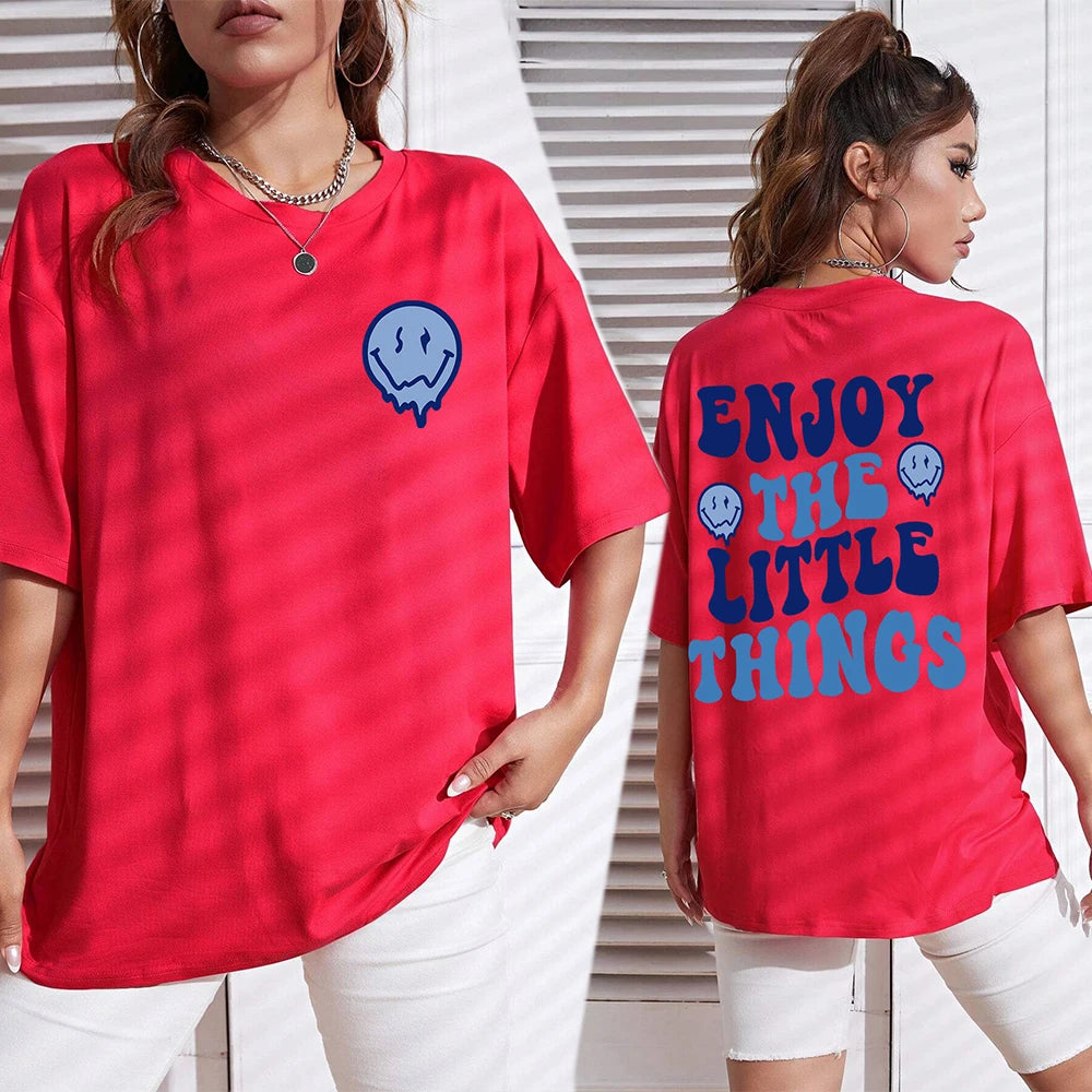 Enjoy The Little Things  Slogan Letter Printed Women T-Shirts Loose Oversized Clothing Personality Street Casual Short Sleeves