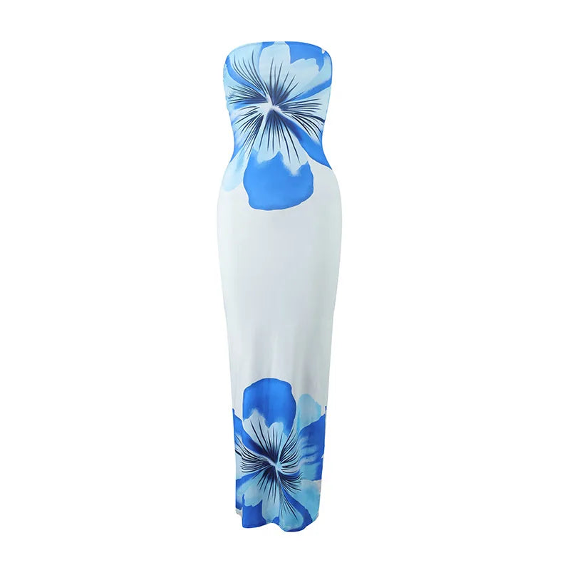 Women's Fashion Sexy Flower Print Strapless Long Dress Summer Vacation Elastic High Waist Slim Fit Party Evening Dress 2025