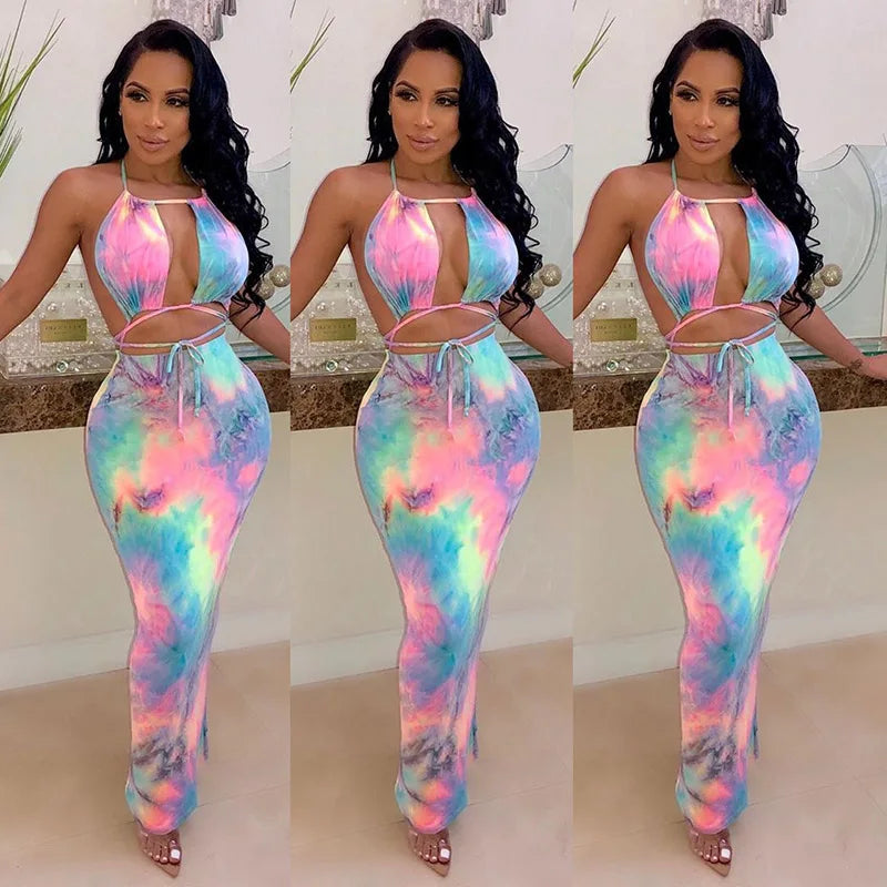 Tie Dye Sexy Two-piece Set, Halter Neck Tie Front Tank Top & High Waist Bodycon Maxi Skirts Set, Women's Clothing