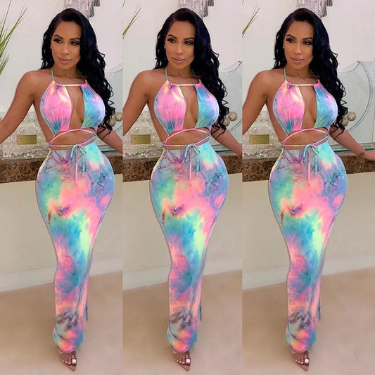 Tie Dye Sexy Two-piece Set, Halter Neck Tie Front Tank Top & High Waist Bodycon Maxi Skirts Set, Women's Clothing