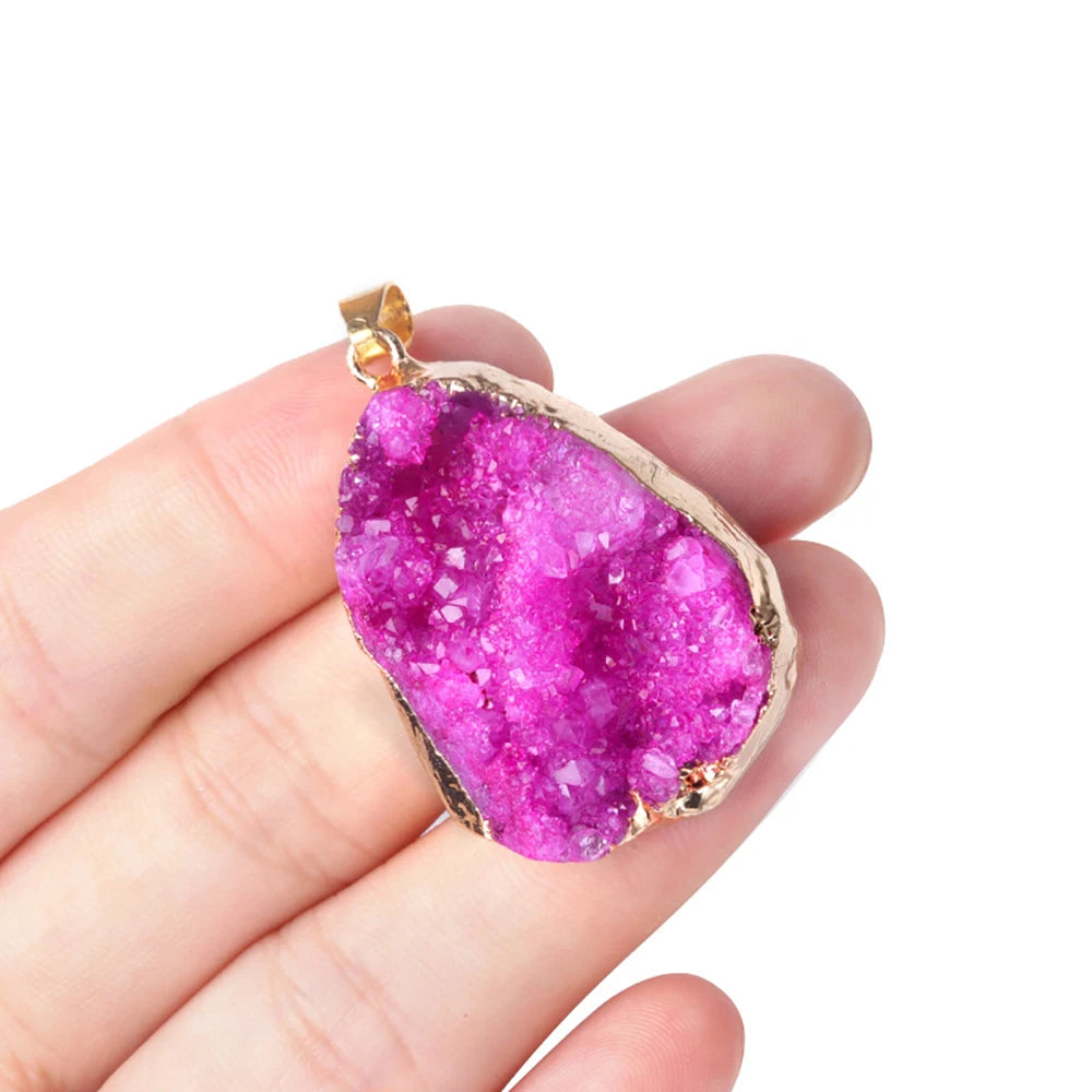 Natural Crystal Agate Geode Pendant Gemstone Dyeing Colorful Cluster Golden Edge Irregular Stones Charms DIY Jewelry Making Gift