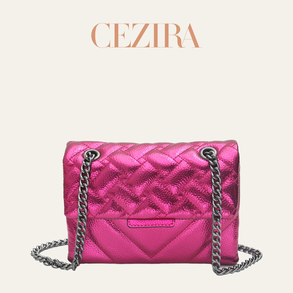 CR Fashion Metallic PU Vegan Leather Handbag For Women Luxury Quilted Flap Messenger Shoulder Bag Long Chain Purse Daily  Travel