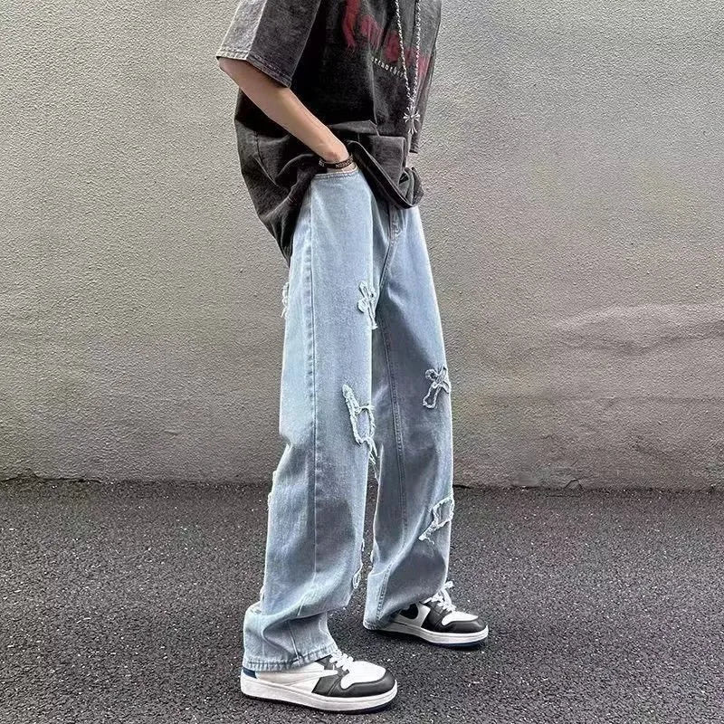 Straight Leg Denim Jeans Male New Fashion Casual Loose High Street Y2k Pants New Wide Leg Hip Hop Black Blue Pants
