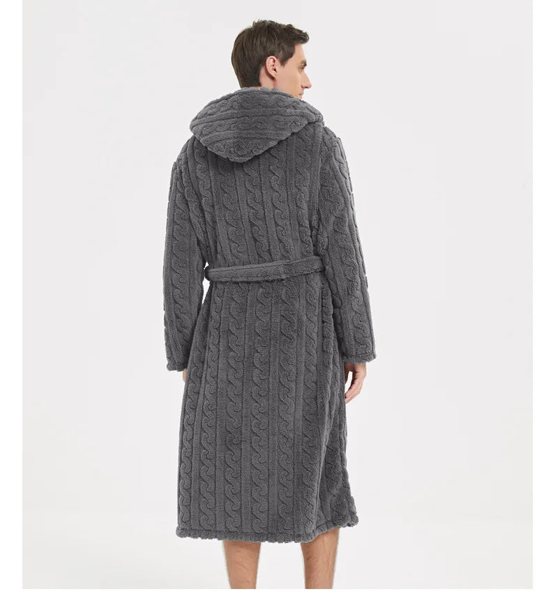 Warm Sleepwear Thicken Jacquard Flannel Men Robe Plush Coral Fleece Hooded Bathrobe Gown Winter Lounge Wear Home Wear Nightwear