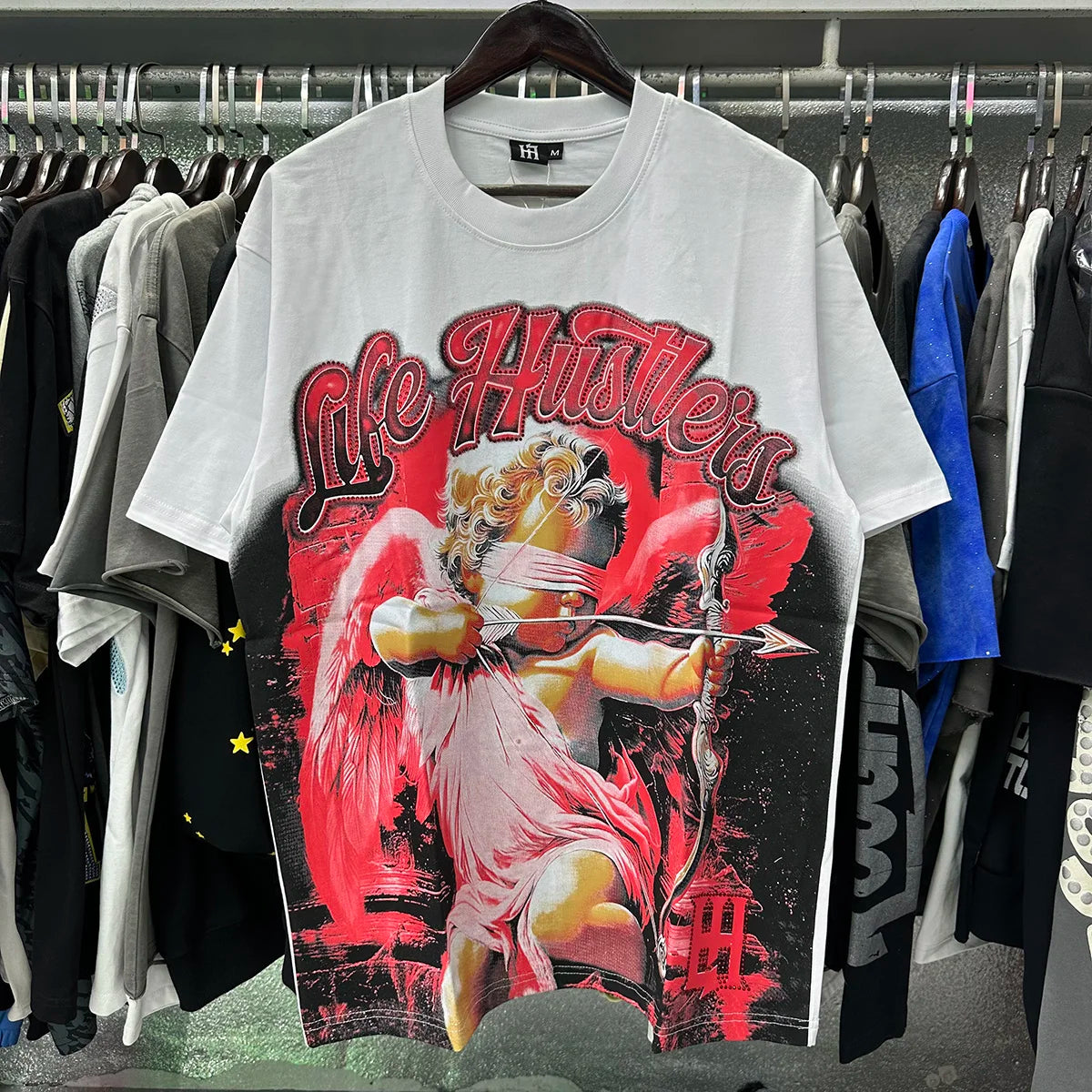 Praying Angel Shinning Diamond Cotton Short Sleeve Tshirts for Men and Women Crew Neck Loose Summer T-shirt Oversized Tees