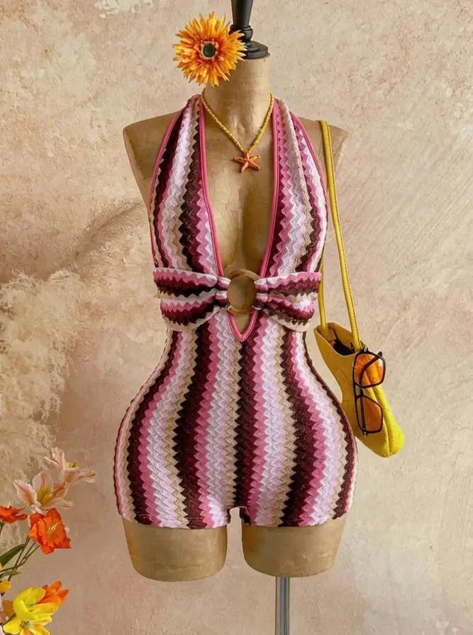 Women's Textured Knitted Bodysuit Orange Striped Circular Decoration Hanging Neck V Neck Jumpsuit Summer Holiday Crochet Romper