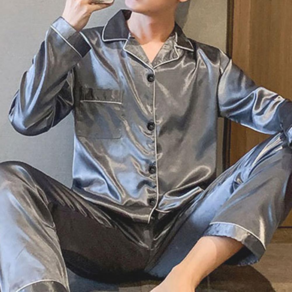 1 Set Men Sleepwear Solid Color Long Sleeved Single Breasted Home Wear Ice Silk Loose Plus Size Pajamas Set For Home