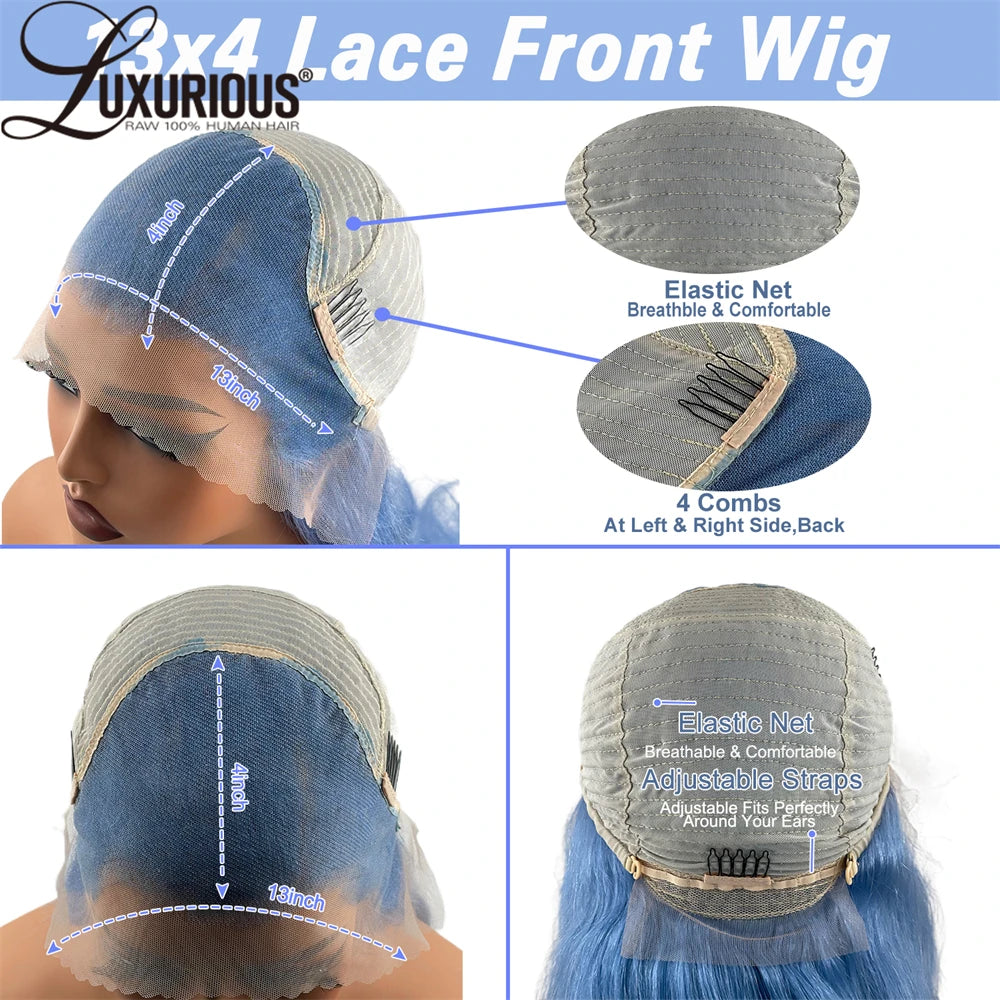 Luxurious 180% Density Ice Blue Virgin Human Hair Wigs 13x4 Body Wave Swiss Transparent Lace Front Wigs With Natural Hairline