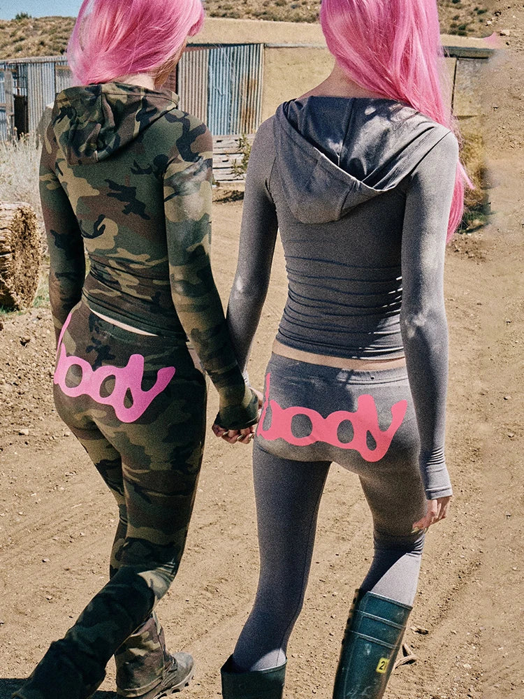 Weird Puss Letter Print 2 Piece Set Women Tracksuit Hooded Jacket+Leggings Matching Stretch Streetwear Casual Sporty Outfits