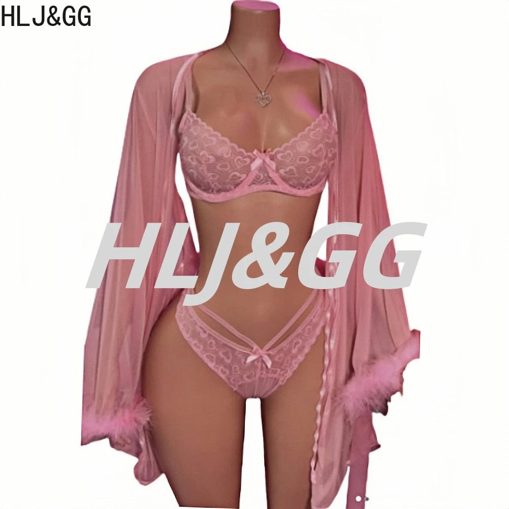 HLJ&GG Sexy Lace See Though 3 Pieces Home Nightgown Sets Women Bra + Thong + Feather Cuffs Long Sleeve Kimino Robe Outfits 2025