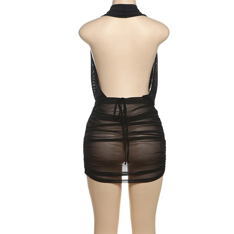 HLJ&GG Sexy Ruched Halter Deep V Mini Skirts Two Piece Sets Women Sleeveless Backless Lace Up Crop Top+Skirts Outfits Streetwear