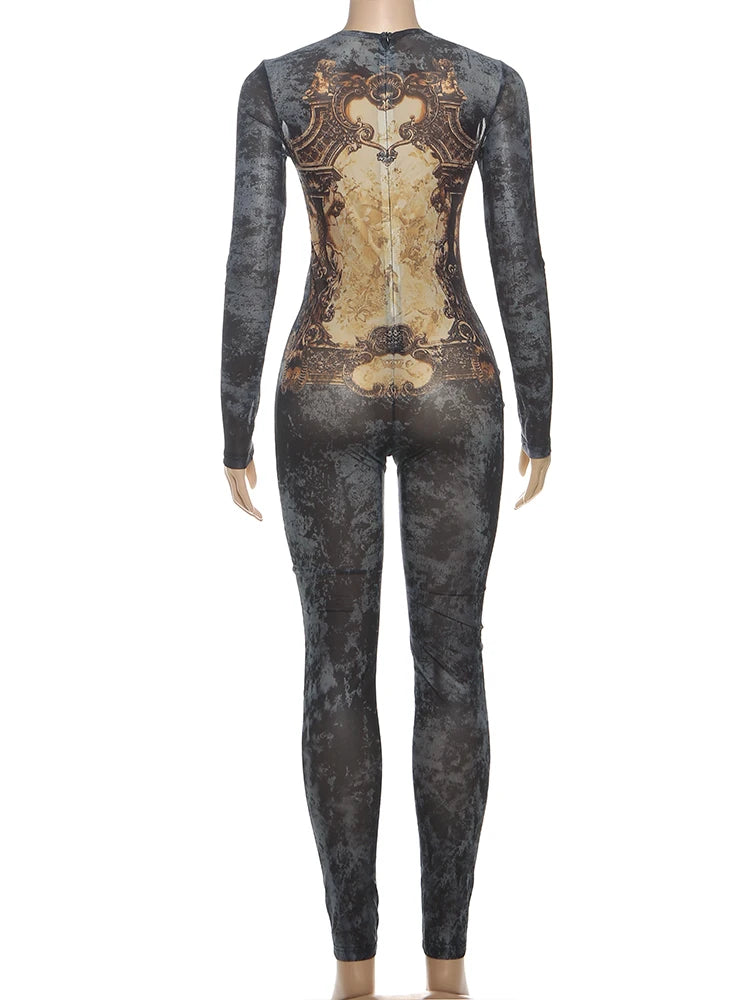 Weird Puss Tie-Dye Print Jumpsuit Women Fitness Stretch Tight Sexy o-Neck Full Sleeve Skinny Streetwear Autumn Zip Slim Overalls