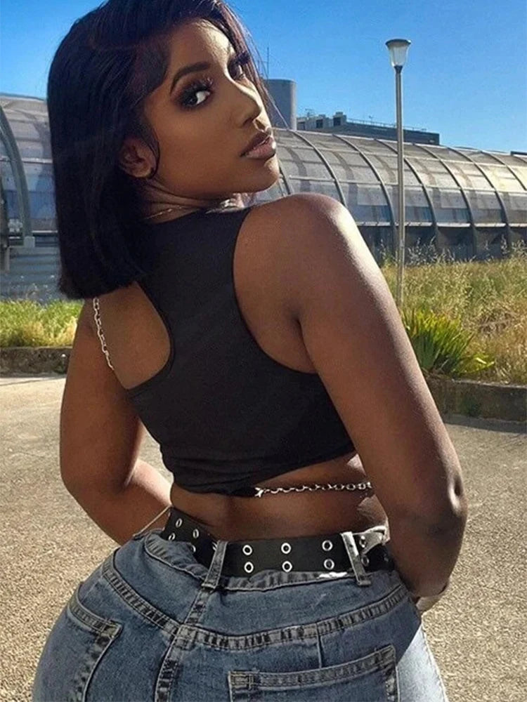 Chain Cut Out Rib Knit Crop Top Women Summer Y2K Clothes High Street Grunge Asymmetrical Neck Sleeveless Tank Top Streetwear