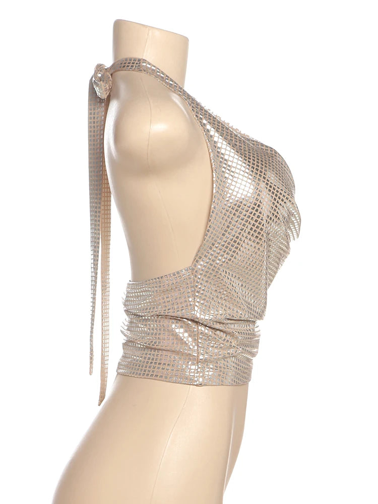 Weird Puss Sequins Backless Sexy Tank Tops Swing Collar Summer Sleeveless Pleated Lace-Up Halter Party Streetwear Skinny Vest