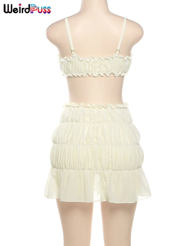 Weird Puss Ruffles 2 Piece Set Women Summer Vacation Beach Style Thin Camisole+Ruched Sexy Peach Hip Skirts Matching Clubwear