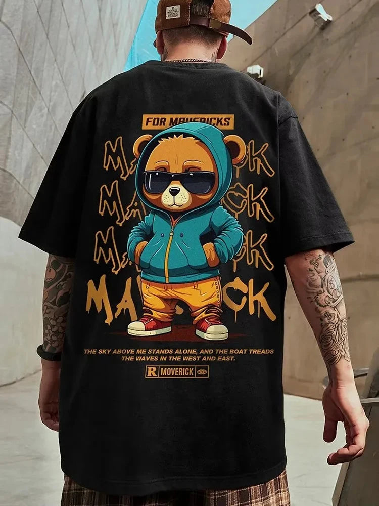 Cotton Fashion Bear Pattern Printed Men's T Shirt Round Neck Loose Tops Breathable Comfortable Casual Oversized Women Clothing